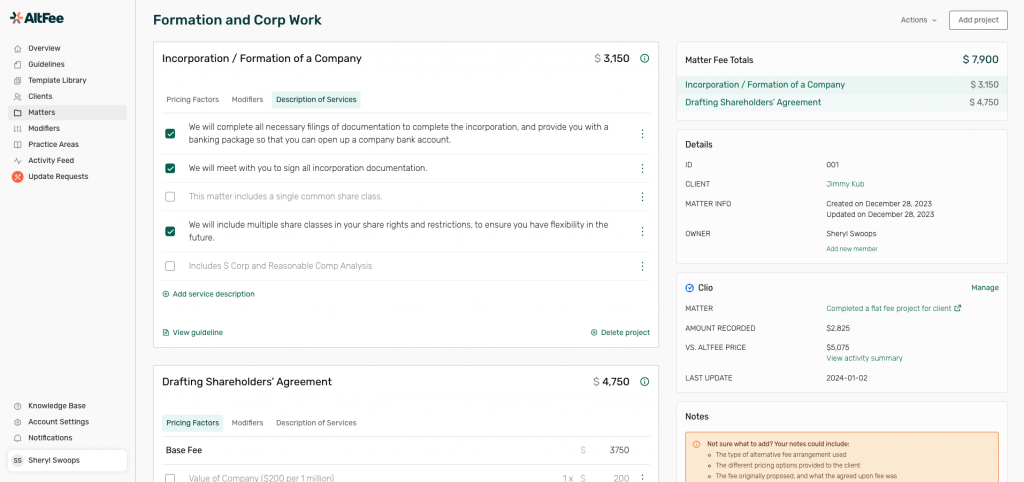 Complex Matters: This shows how a firm can price out multiple different projects for a client, under a single matter. This enables firms to scope and price more complex projects very accurately and effectively. 