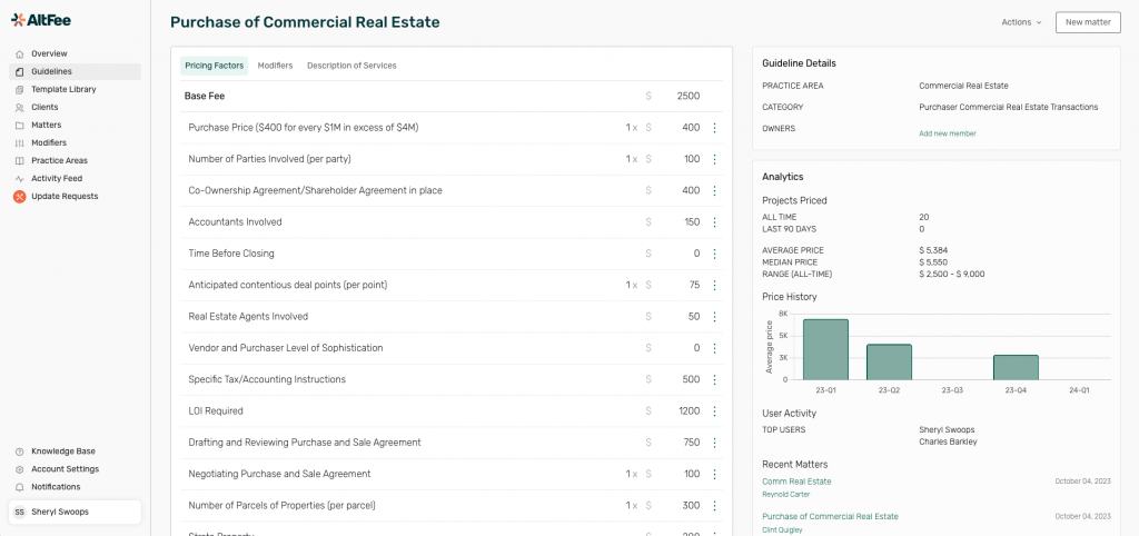 Pricing Guideline: This is the centralized location for a firm’s knowledge on this specific project type, enabling all team members to have access to the tool which will ensure they confidently can optimize the scoping and pricing of this project. 